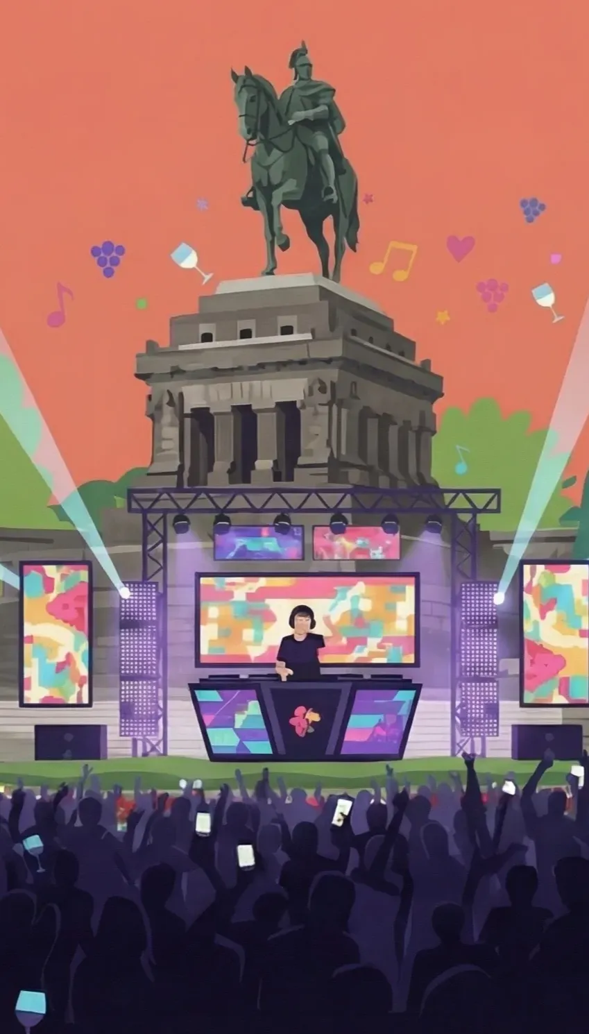Feiernde Menschenmenge vor einer DJ-Bühne als Illustration für das Electronic Wine Festival in Koblenz.
