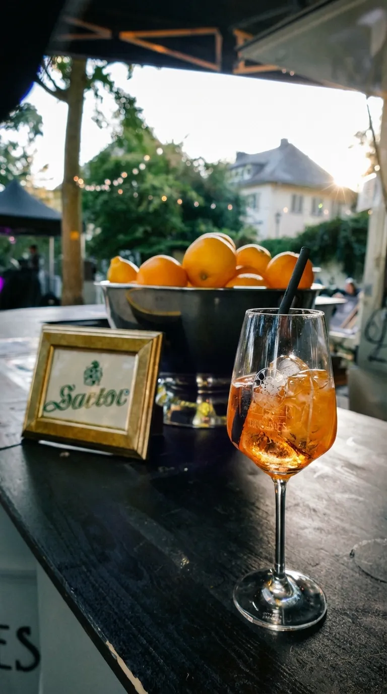 Auf einem Tisch ist ein Glas Aperol Spritz dahinter eine Schale mit Orangen und links daneben ein Bild mit "Sartor"