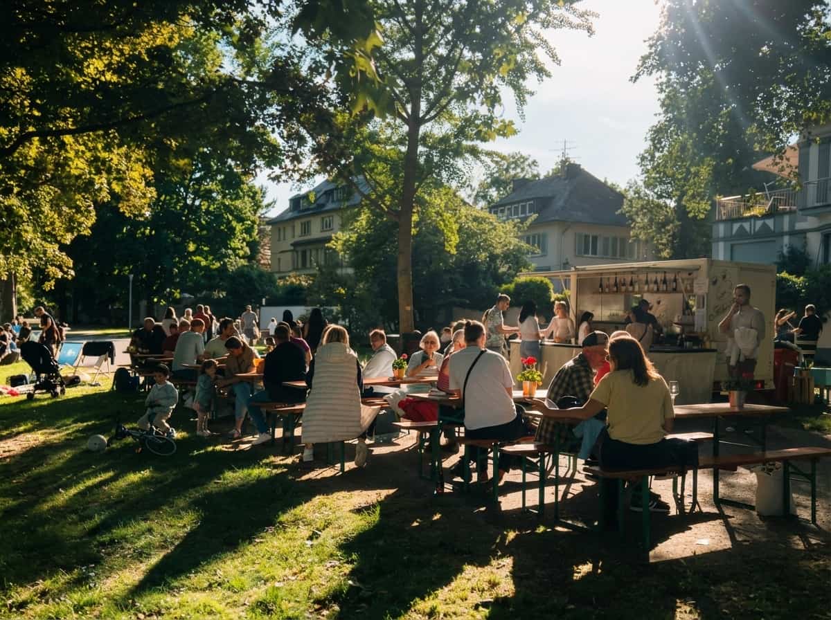 Ein warmer Sommertag, wo Menschen an Bierbänken sitzen und Wein zusammen trinken. Im Hintergrund ist ein Weinstand von Sartor, wo Person Wein kaufen