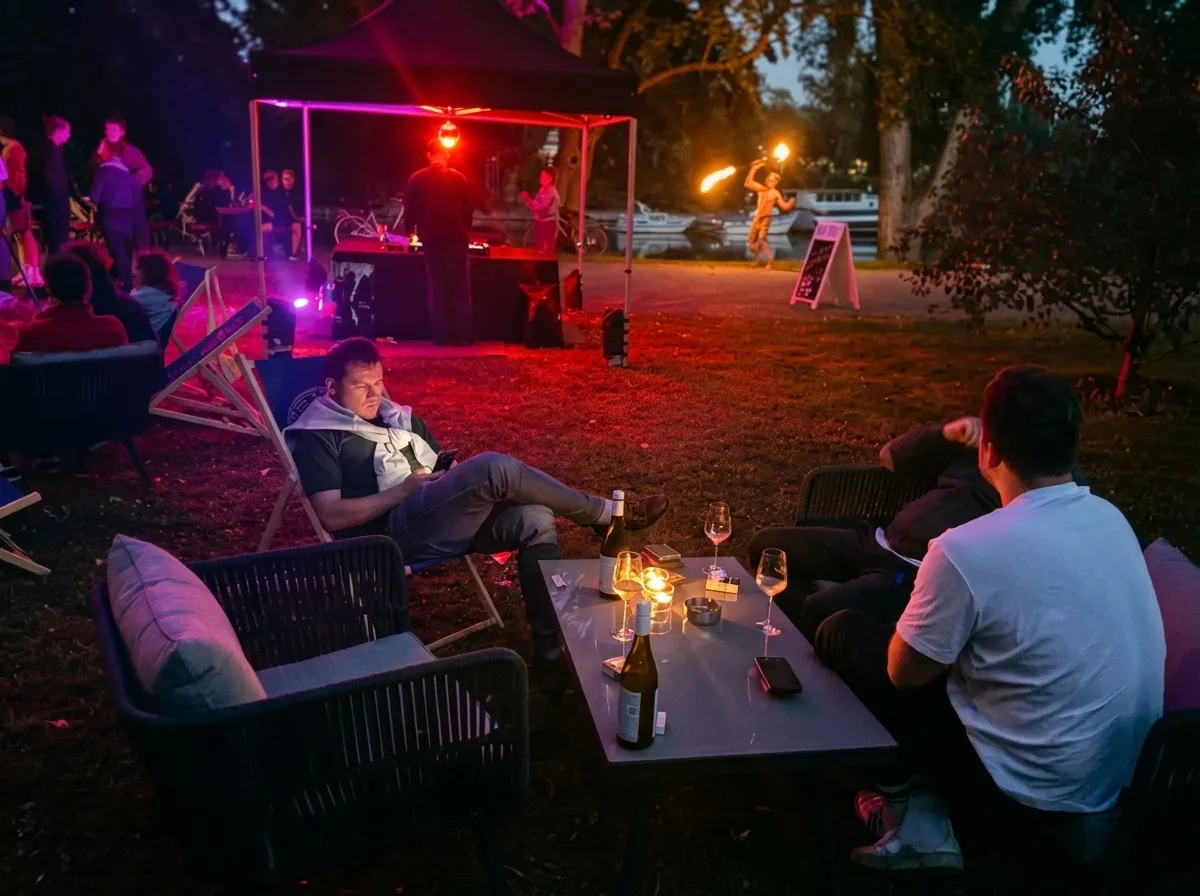 Eine Freundesgruppe abends sitzt zusammen am Tisch und trinken Wein. Im Hintergrund spielt ein DJ.