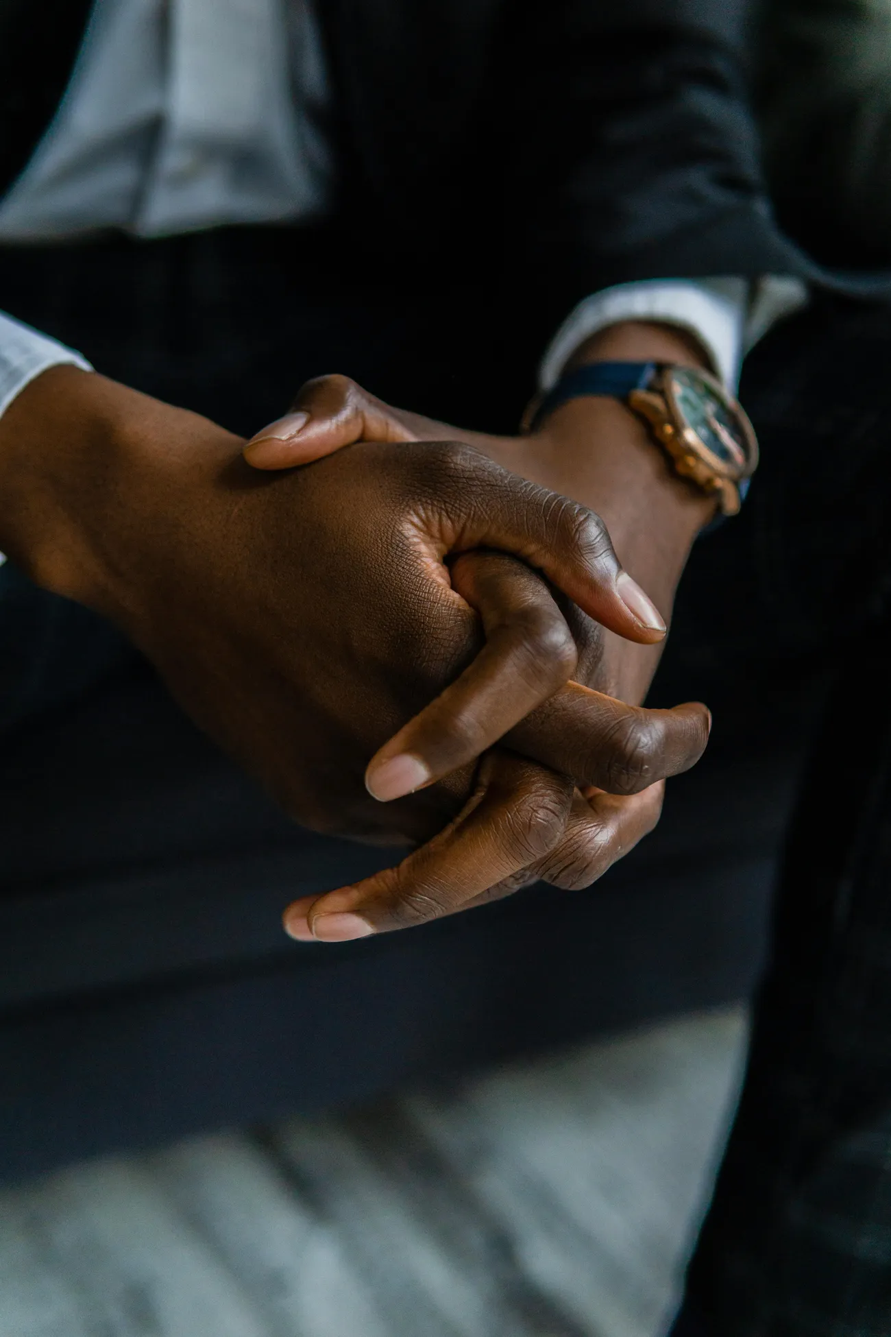 Mature man in a dark sweater reading documents in a blue folder near a window.