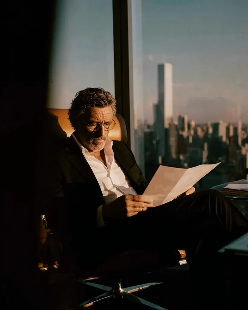 Man in suit and glasses sitting in office chair reading a document with city skyline in background.