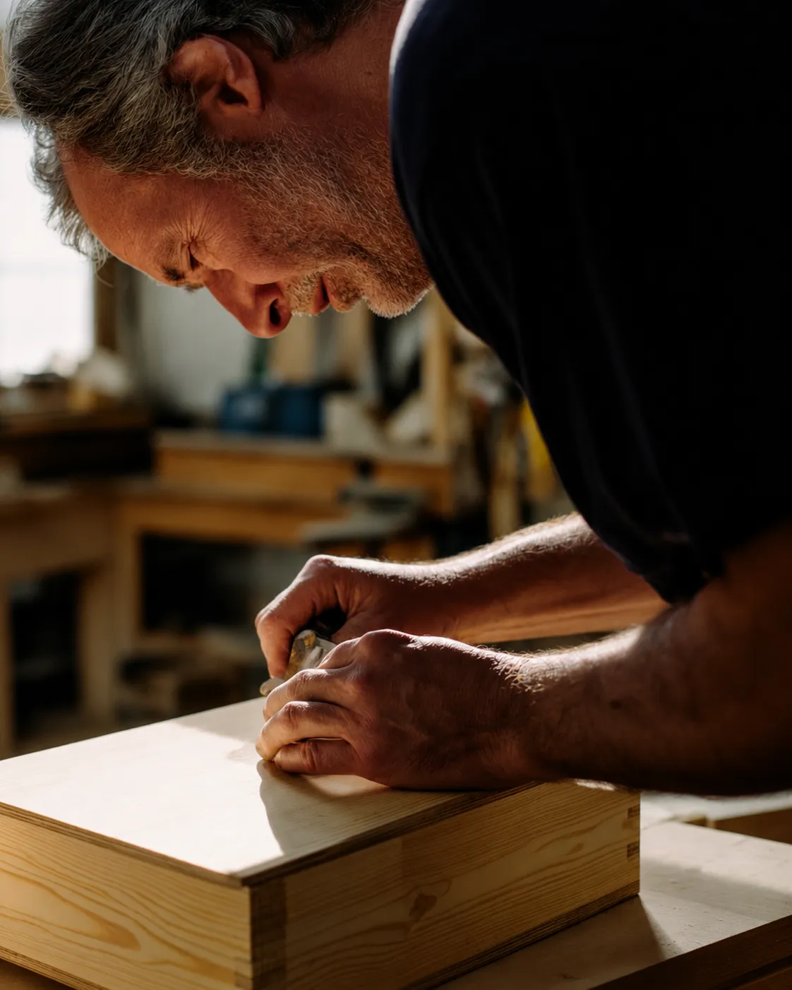 Man using a hand plane to smooth the surface of a wooden box in a workshop.