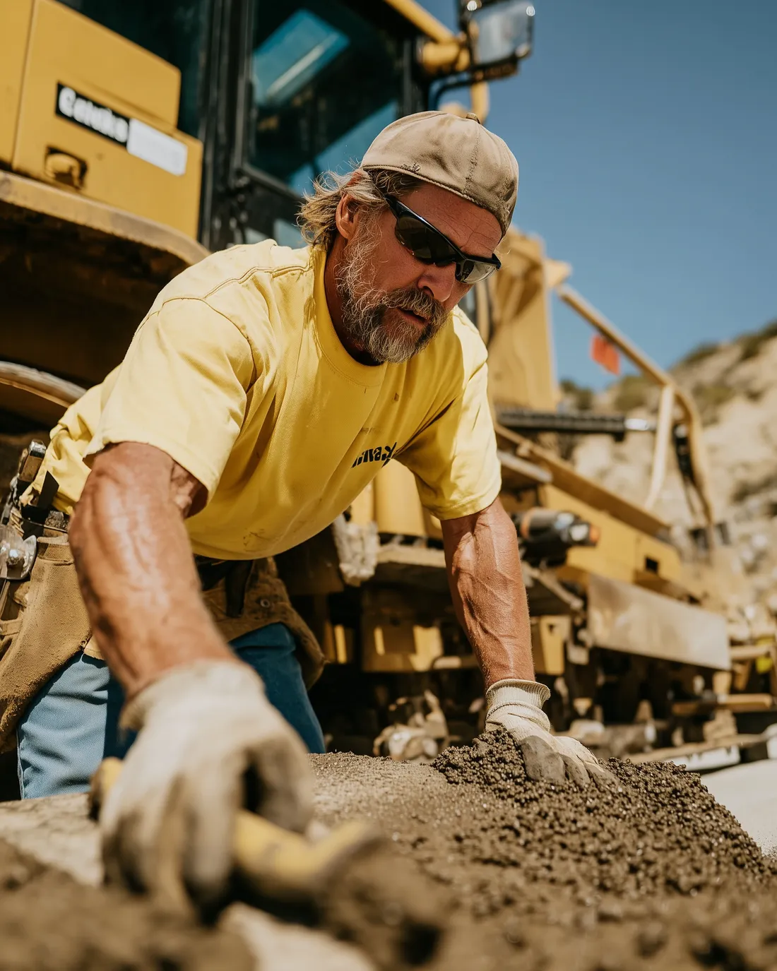 Construction worker smoothing wet concrete near heavy machinery outdoors on a sunny day.