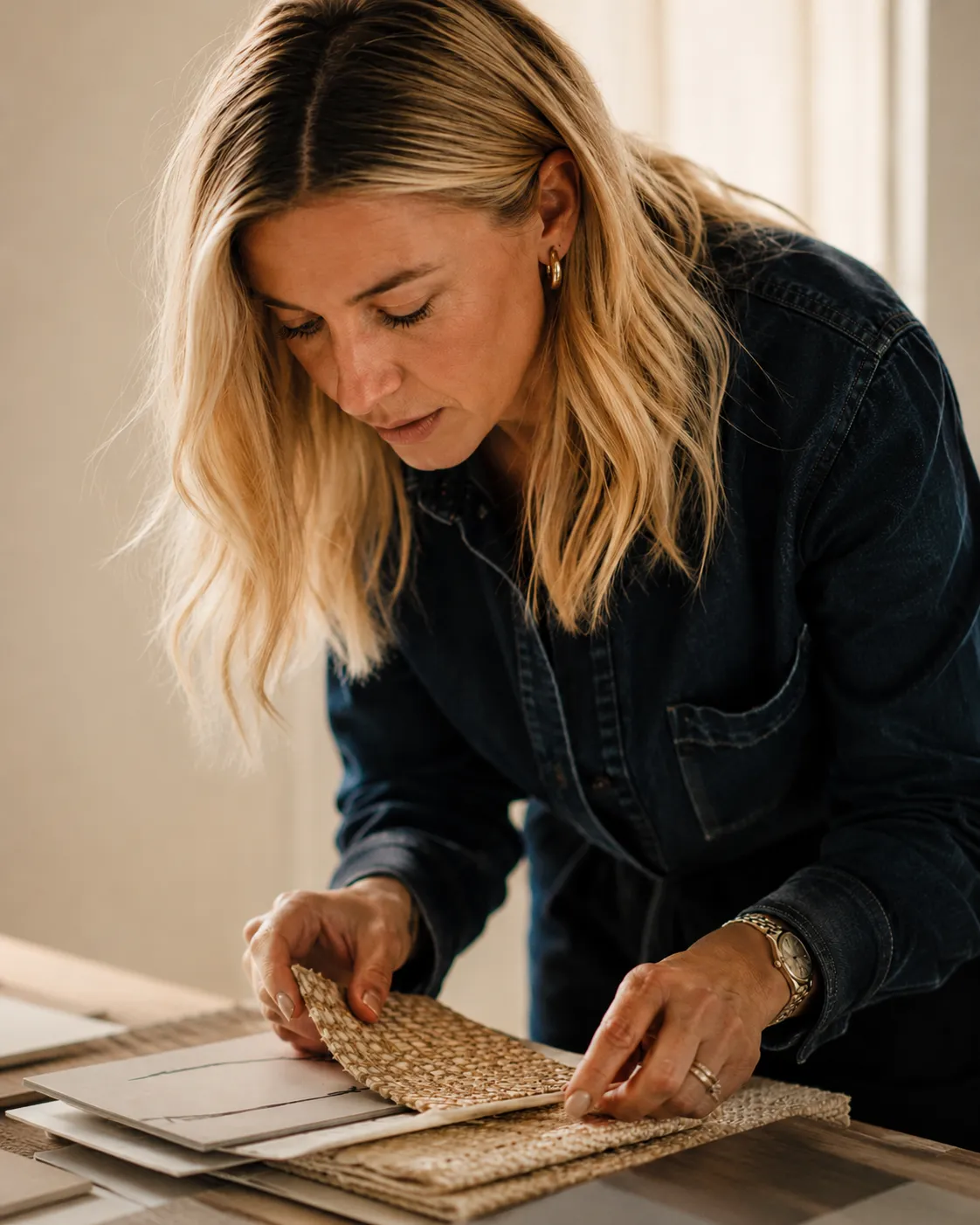 Woman with blonde hair examining woven fabric samples on a table with interior design boards.