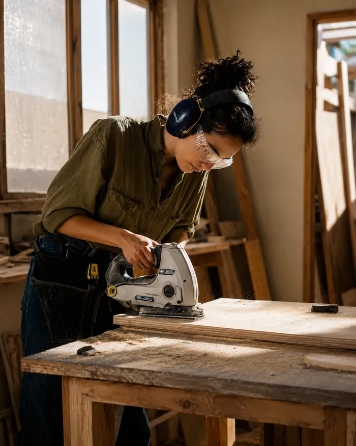 Woman wearing safety glasses and ear protection using an electric sander on a wooden board indoors.