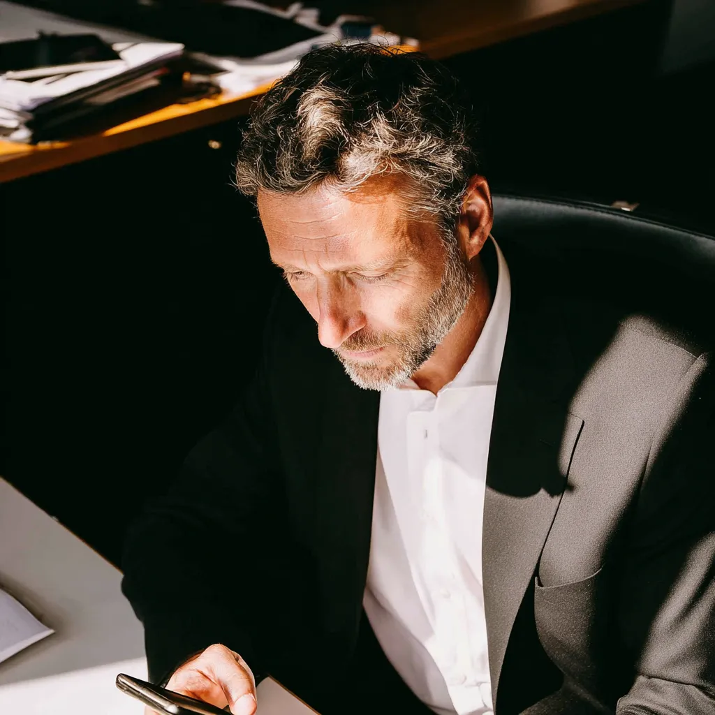 Man with gray hair and beard in black suit looking down at smartphone in dimly lit office.
