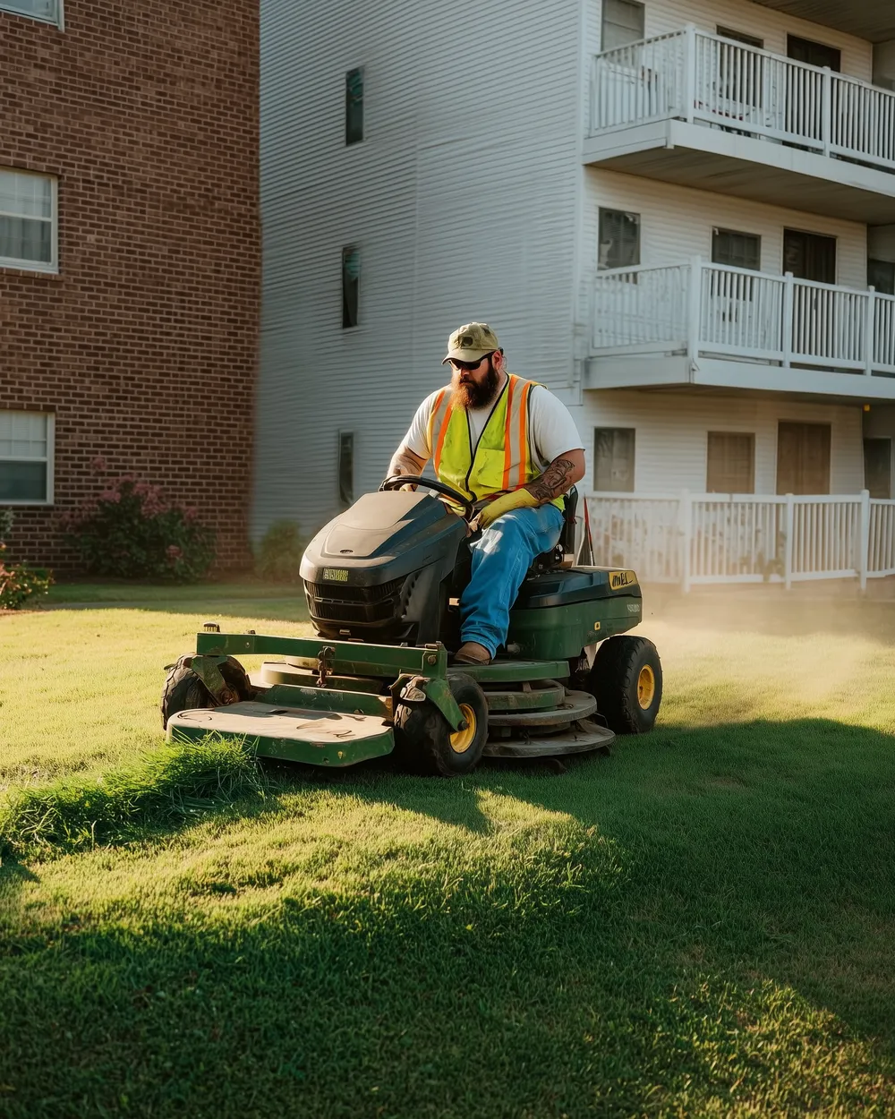 Man in a safety vest mowing grass on a riding lawn mower near residential buildings.