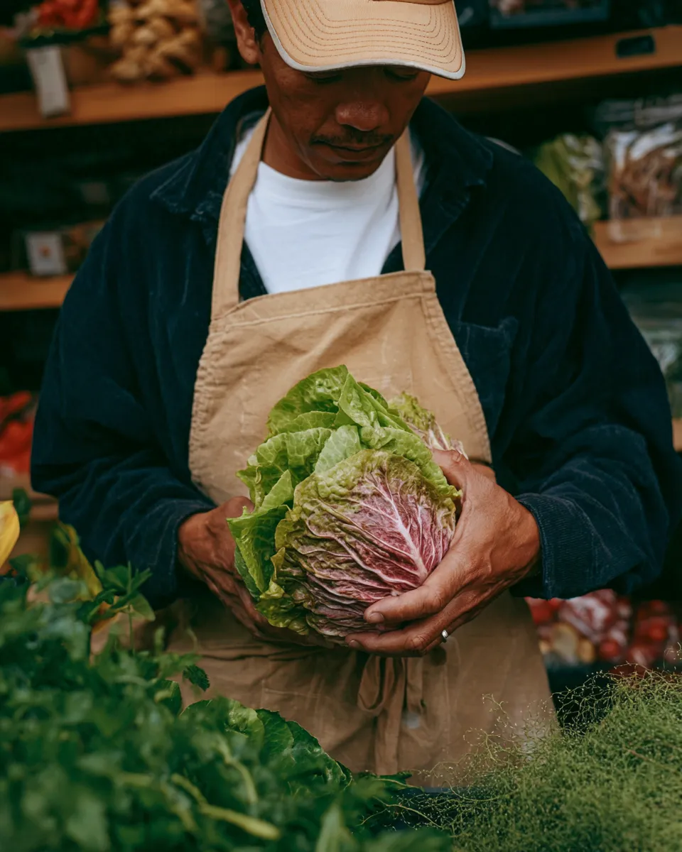 Man in apron and cap holding a head of leafy lettuce at a market stall.