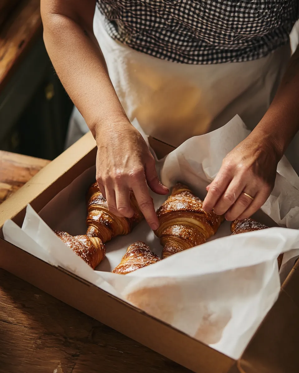 Hands placing powdered sugar croissants in a lined cardboard bakery box.
