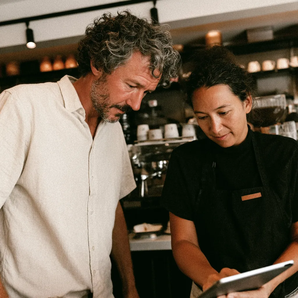 Man and woman in a café looking at a tablet, with coffee cups and equipment behind them.