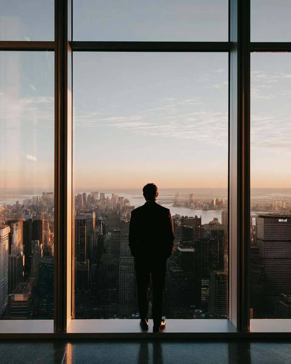 Man in suit standing inside a high-rise building looking out at a city skyline at sunset.