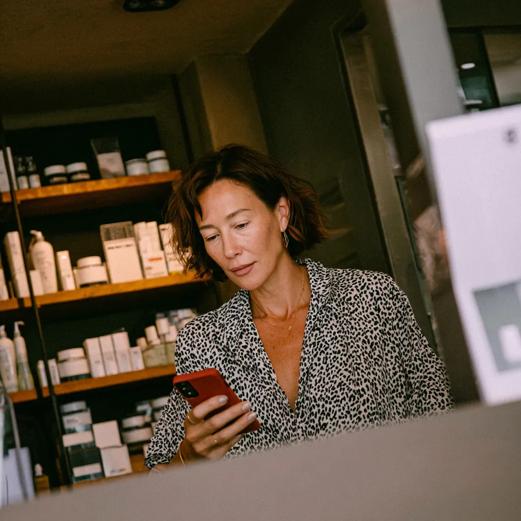 Woman in patterned blouse looking at her phone in a store with shelves of products behind her.