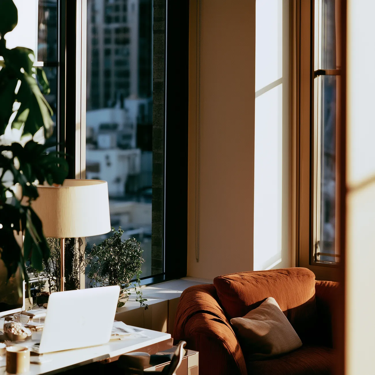 Sunlit cozy corner with rust-colored sofa, pillow, white desk with laptop, lamp, and green plants by window.