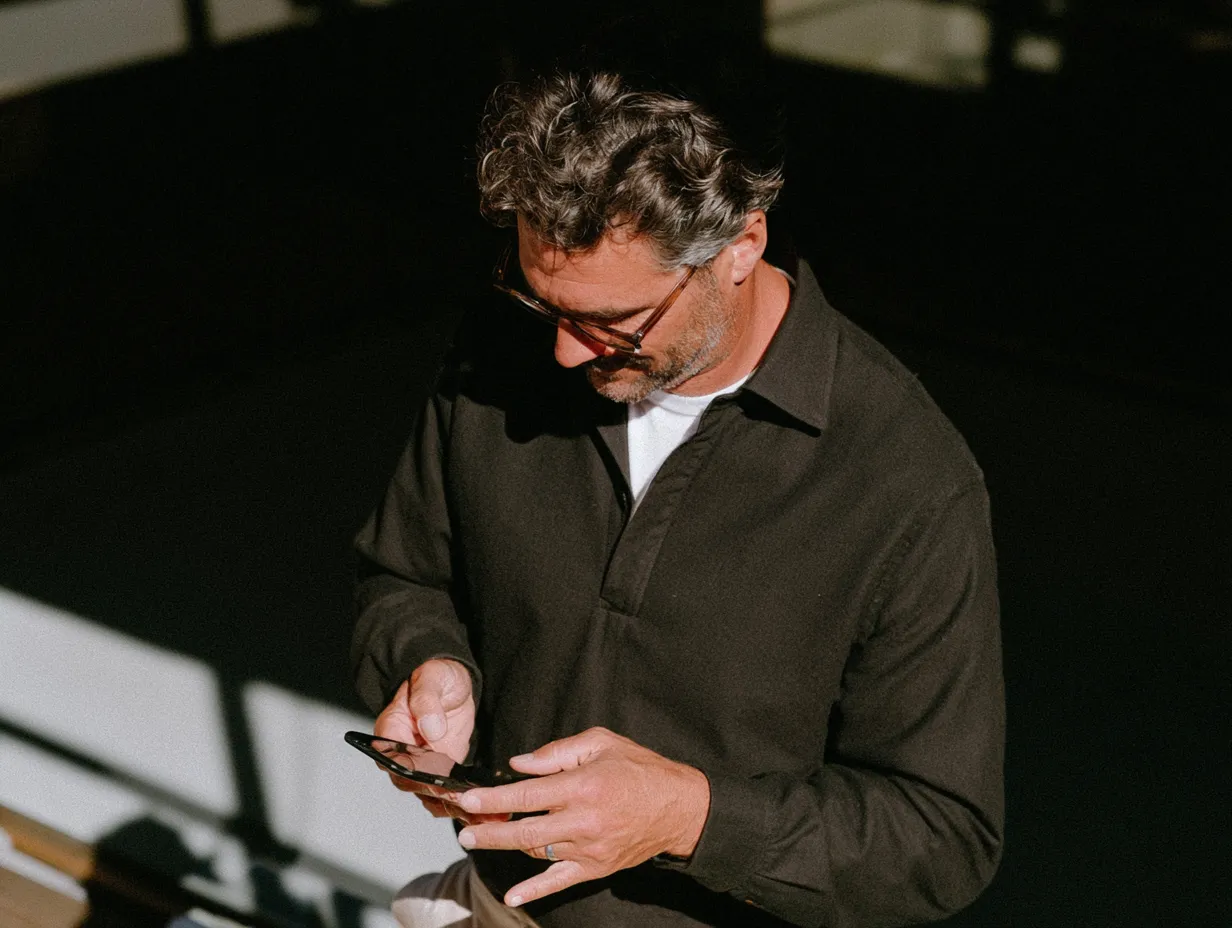 Business owner in a dark shirt checking his phone in the sunlight.