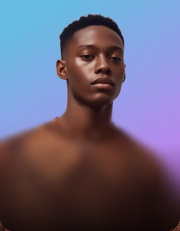 Portrait of a young Black man with short hair against a gradient blue and purple background.
