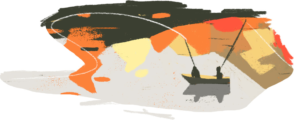 Abstract digital painting of two people fishing from a boat with vibrant orange, yellow, and black background.