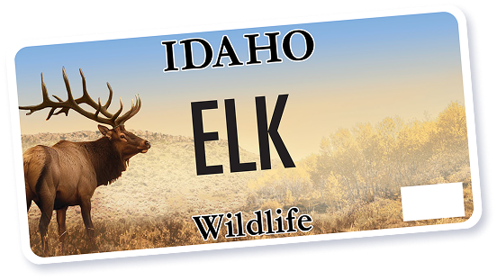 Idaho wildlife license plate featuring a standing elk in a natural landscape.