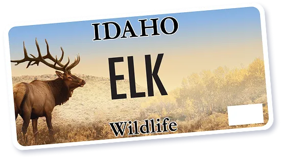 Idaho wildlife license plate featuring a standing elk in a natural landscape.