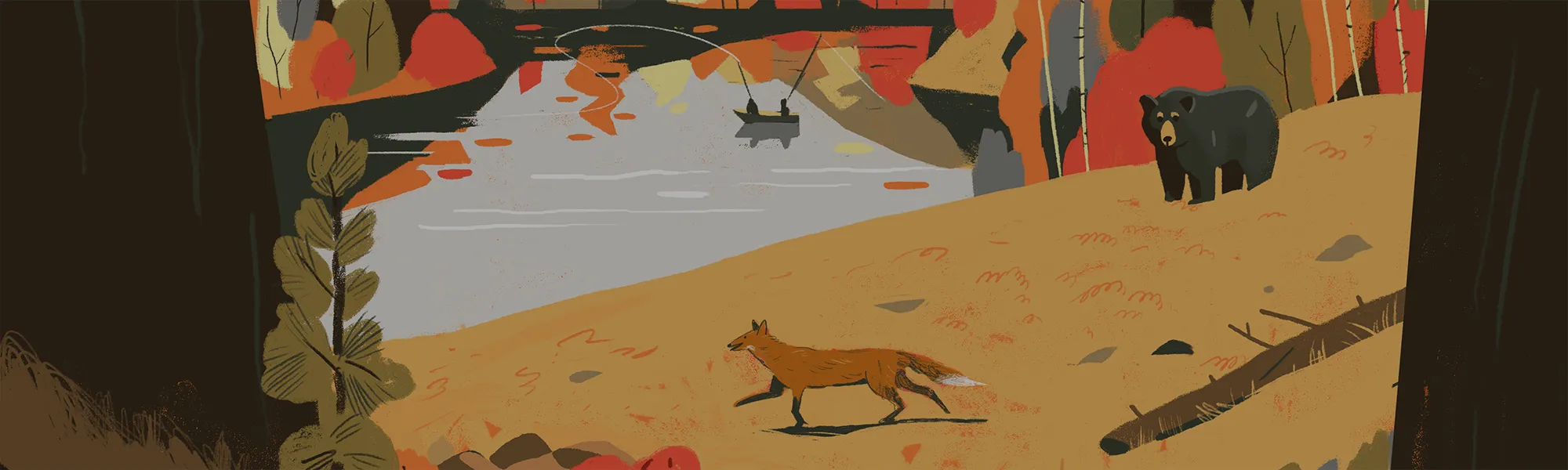 A stylized illustration of Idaho’s outdoor heritage, showing anglers on a river alongside a fox and a bear. This artwork embodies our mission to sustain the shared habitats where people and wildlife thrive together.