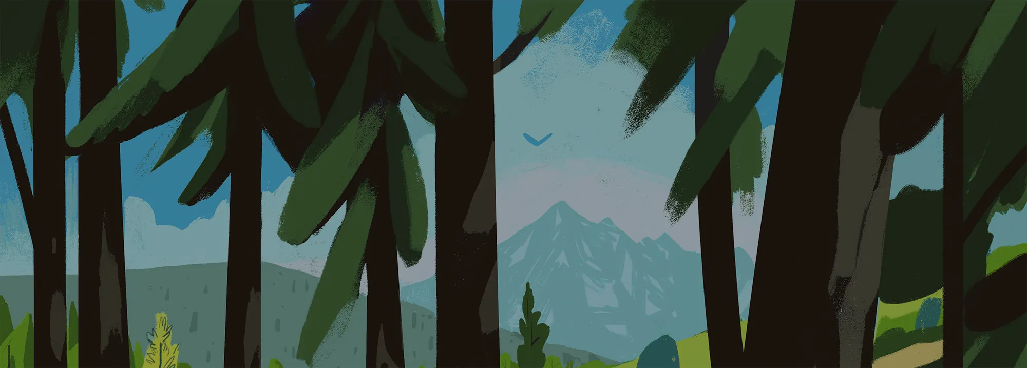 An artistic illustration of a vast Idaho mountain range seen through a dense evergreen forest. This graphic represents the Idaho Fish & Wildlife Foundation's commitment to protecting the large-scale landscapes that serve as critical strongholds for Idaho’s wildlife.