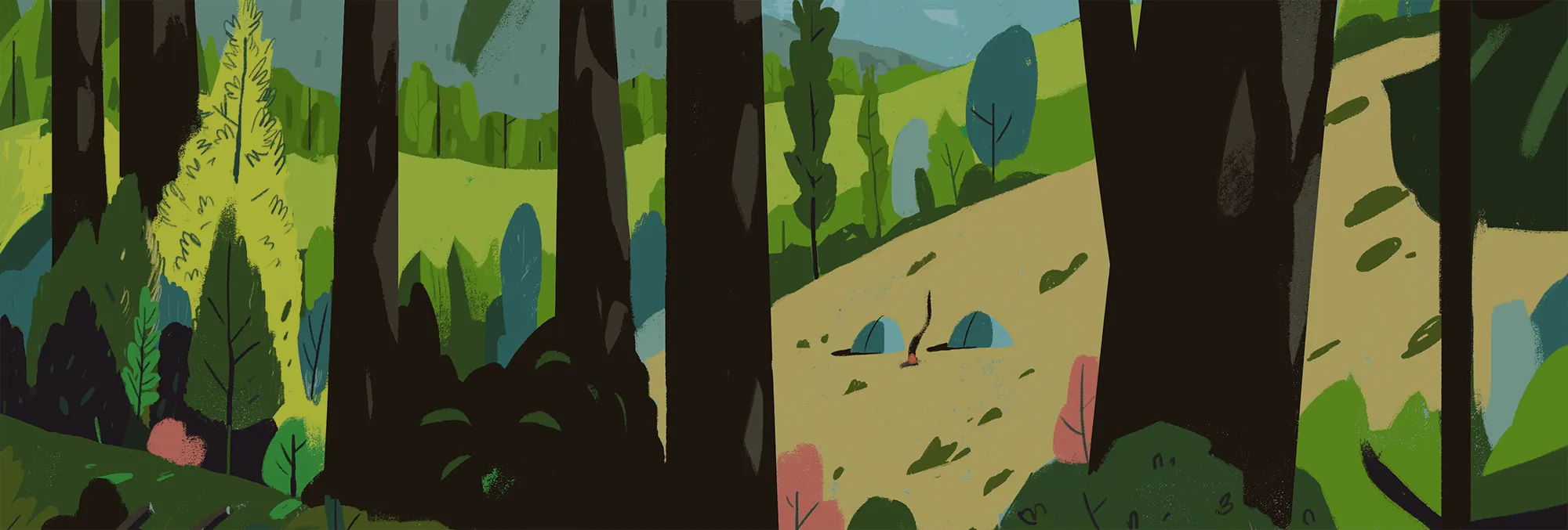 An artistic illustration of a quiet campsite on the edge of an Idaho forest. The Idaho Fish & Wildlife Foundation works to preserve these natural spaces, ensuring that our state’s traditions of camping, hiking, and exploring remain available for future generations.