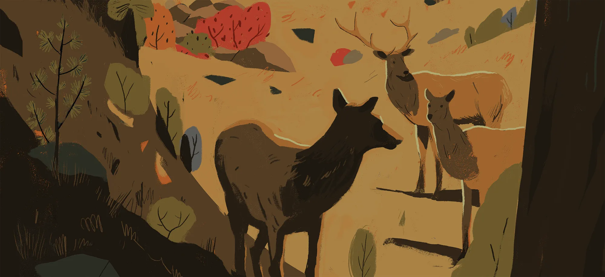 Stylized graphic of elk moving through a diverse Idaho landscape. The Idaho Fish & Wildlife Foundation invests in the protection of vital migration corridors, ensuring iconic species like elk can safely navigate between their seasonal ranges.