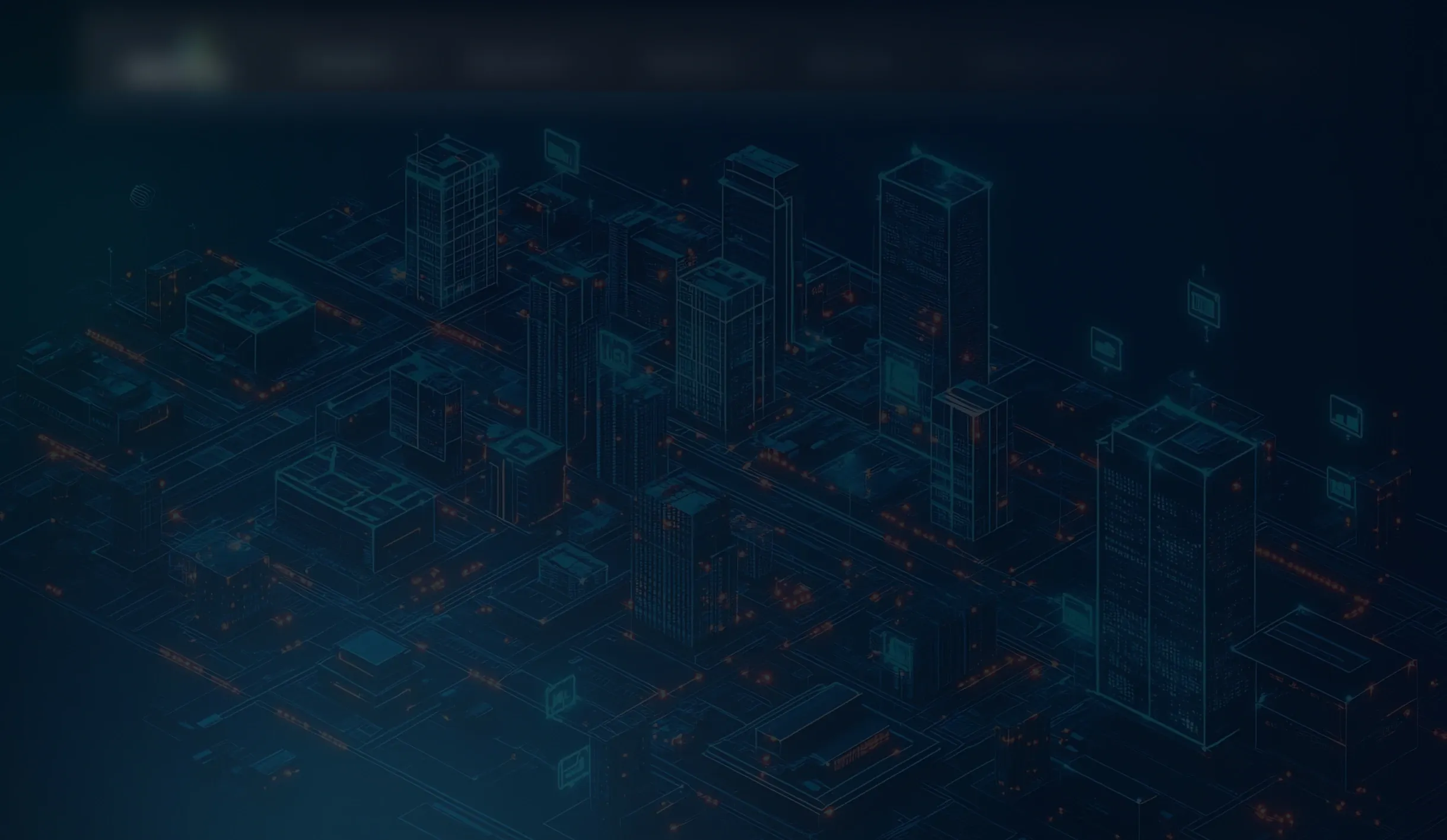 Representación digital en tonos oscuros de una ciudad con edificios y caminos iluminados por puntos de luz color naranja y azul, con iconos tecnológicos flotando sobre algunas estructuras.