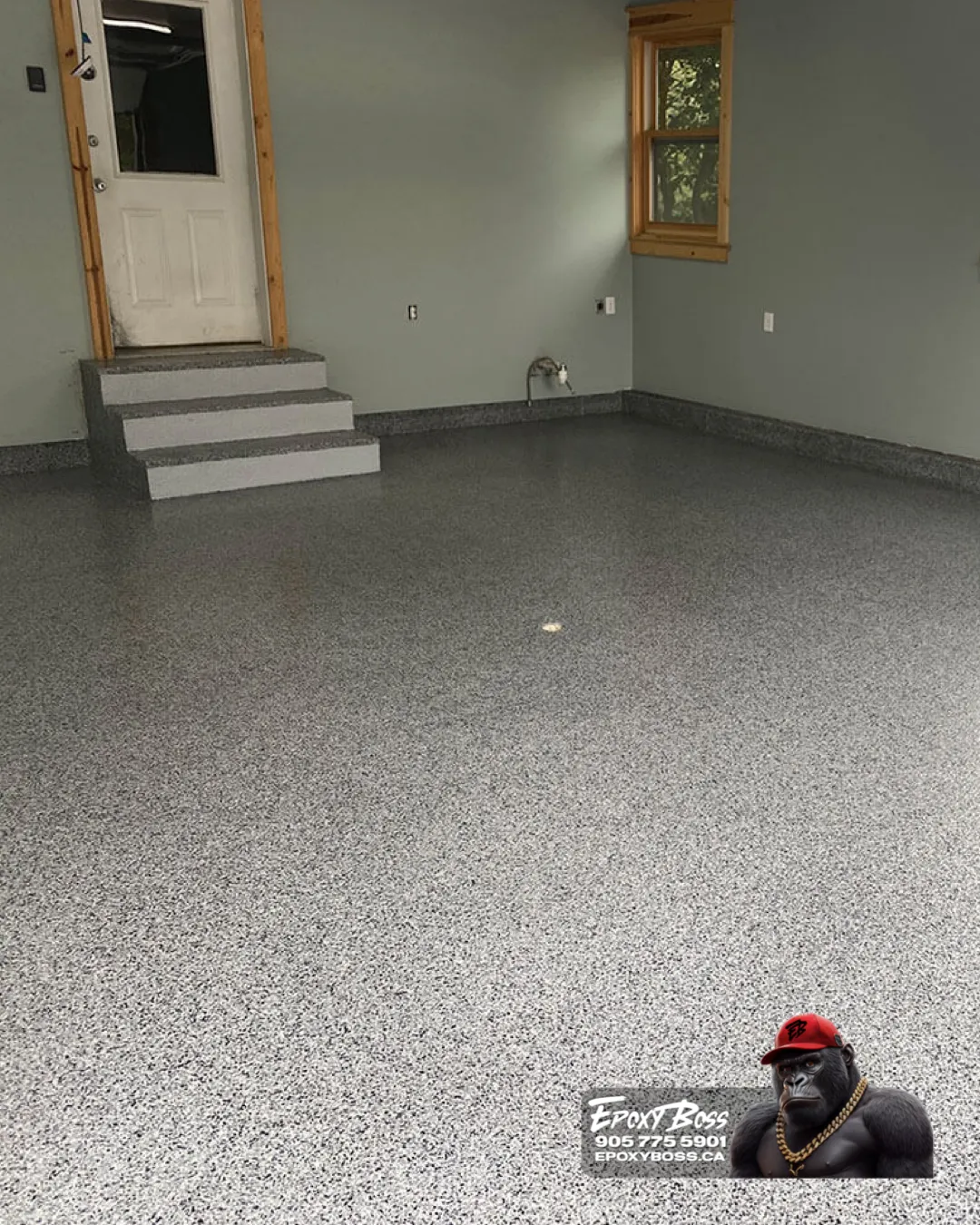Garage epoxy flake floor installation in Innisfil Ontario home
