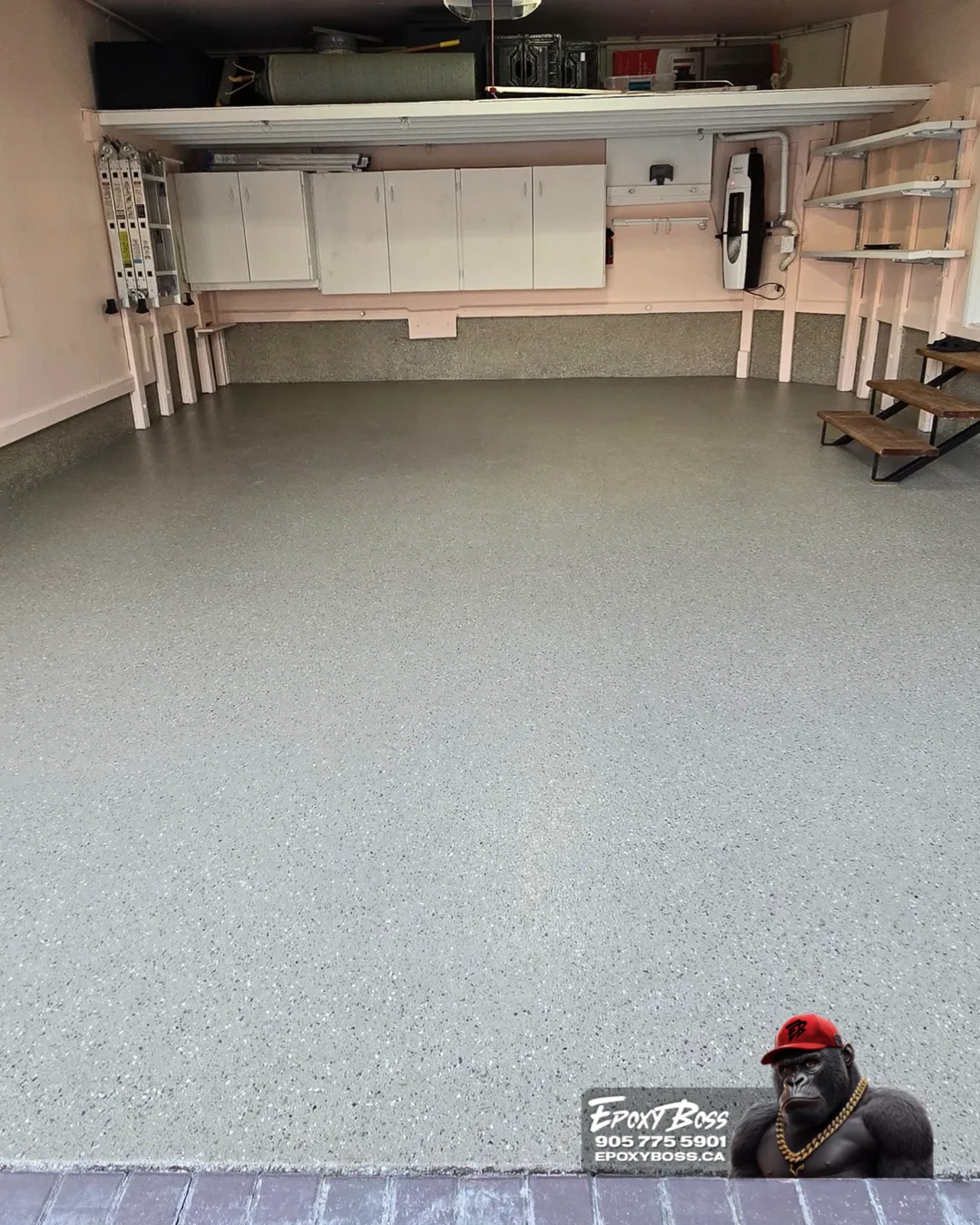 UV-stable polyaspartic topcoat in Innisfil two-car garage