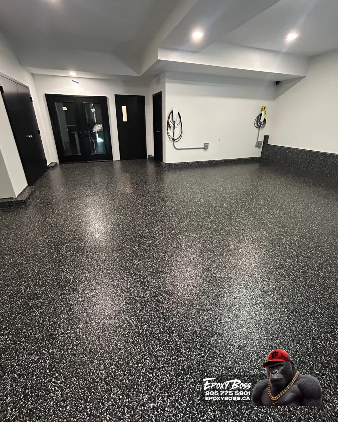 Family home garage epoxy system with flake broadcast finish in Simcoe
