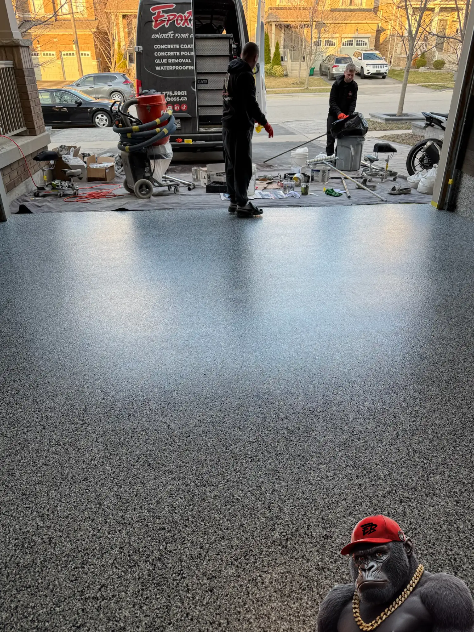 Innisfil garage epoxy flake system resistant to salt and tire wear.