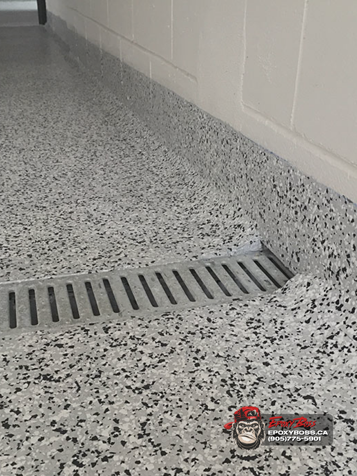 epoxy floor coving with trench drain seamless waterproof flake flooring wet area installation