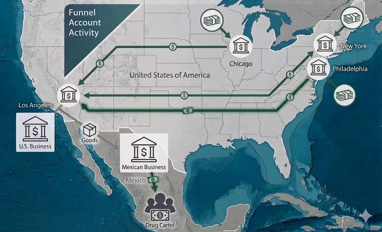 A classic illustration of funnel account activity converging into a business account and connecting to trade flows1.