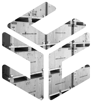 Stylized cube logo filled with image of stacked wooden crates labeled www.nomadysis.com.