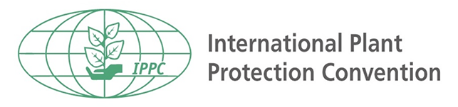 Logo of International Plant Protection Convention with a hand holding leaves inside a globe outline.
