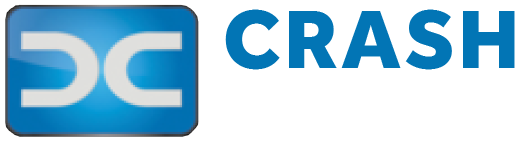 Blue rounded square with stylized letters DC and bold text CRASH to the right.