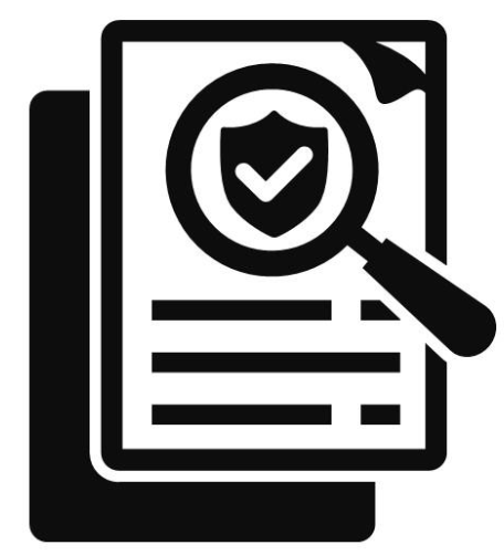 Icon of documents with magnifying glass over shield and checkmark symbolizing insurance and compliance.