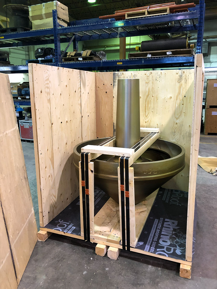 Interior view of a braced industrial crate for sensitive machinery