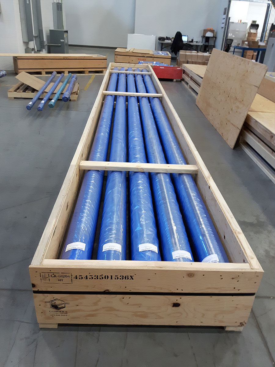 Sea container with desiccant packs installed for humidity control during ocean transit