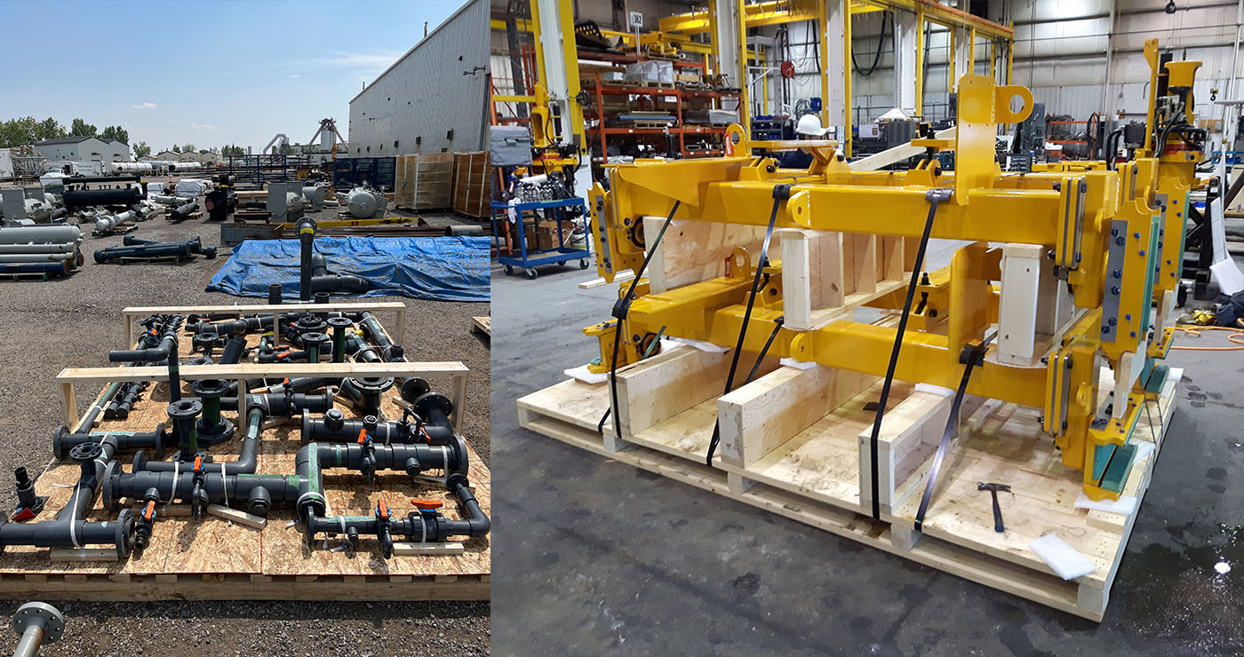 Custom industrial skid supporting heavy machinery ready for forklift handling