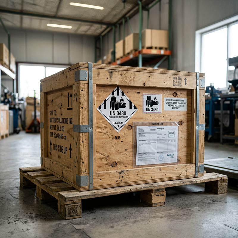 UN-approved dangerous goods packaging with hazmat labels applied