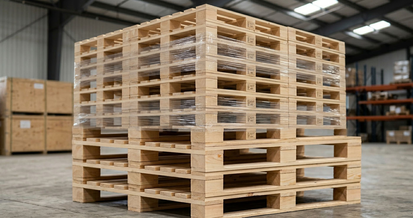 Stack of custom export pallets ready for industrial shipment