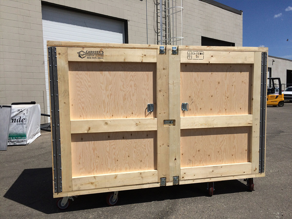 Trade show crate interior with foam-lined compartments for fragile display items