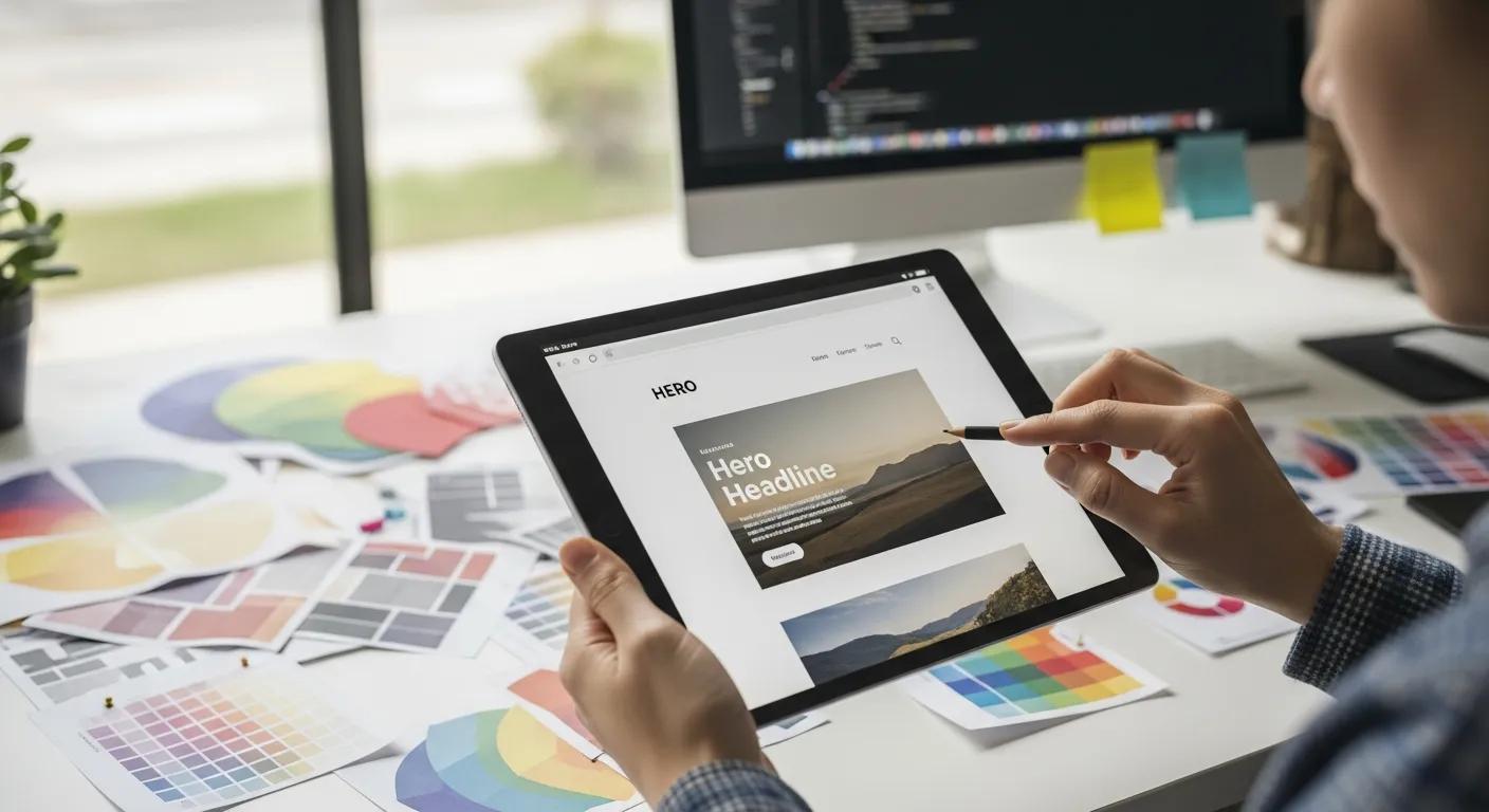 Designer creating a custom website mockup on a tablet with design elements in the background