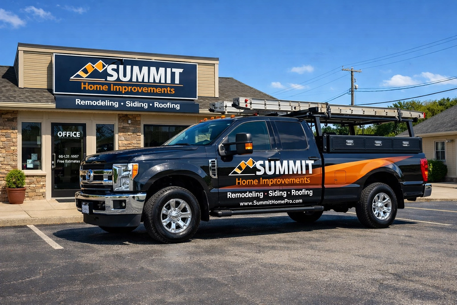 Contractor work truck with business signage showing legitimate local business presence