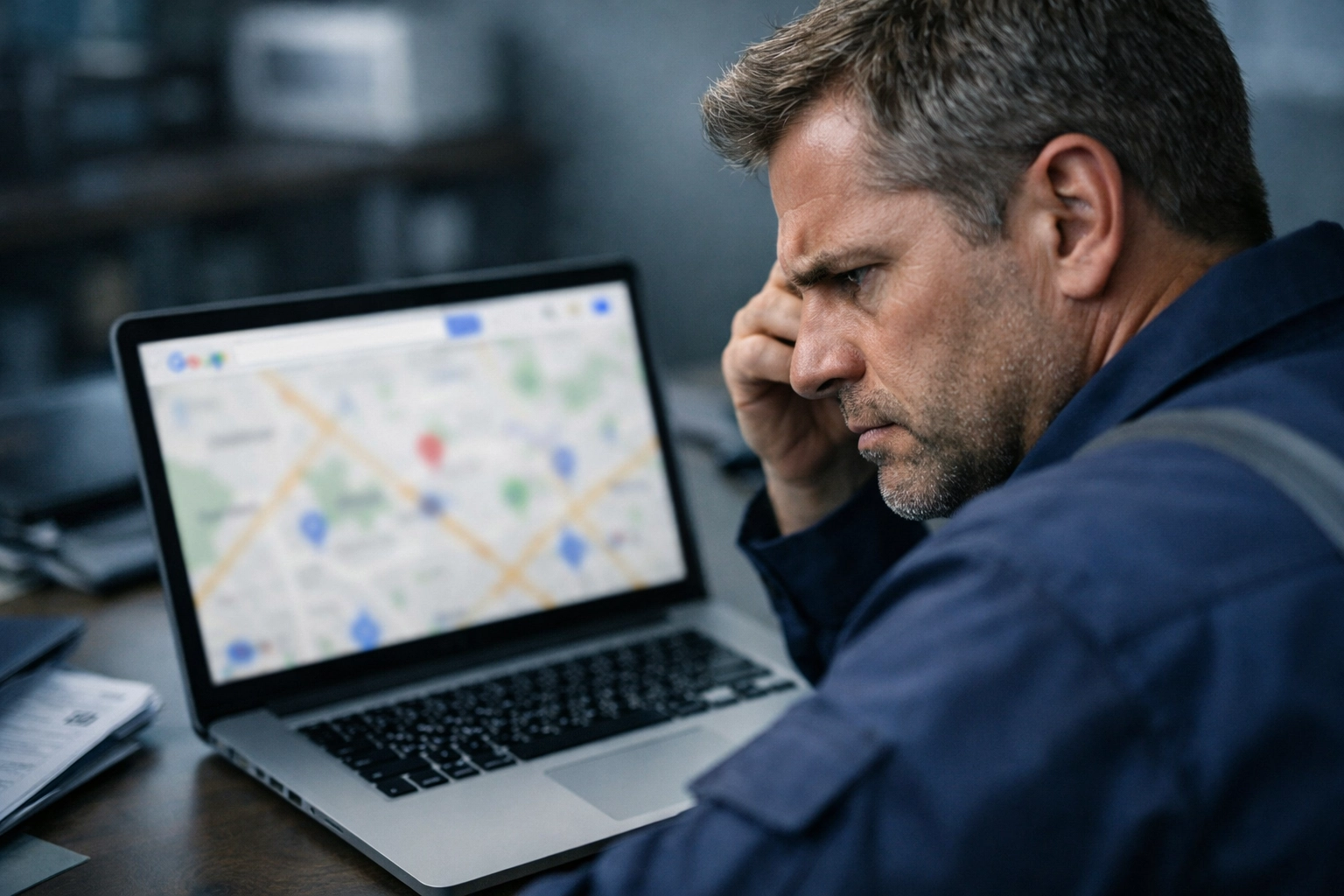 Contractor checking suspended Google Business Profile on laptop