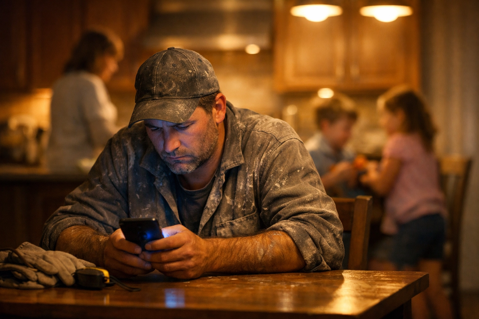 Contractor returning business calls at kitchen table while family waits in background
