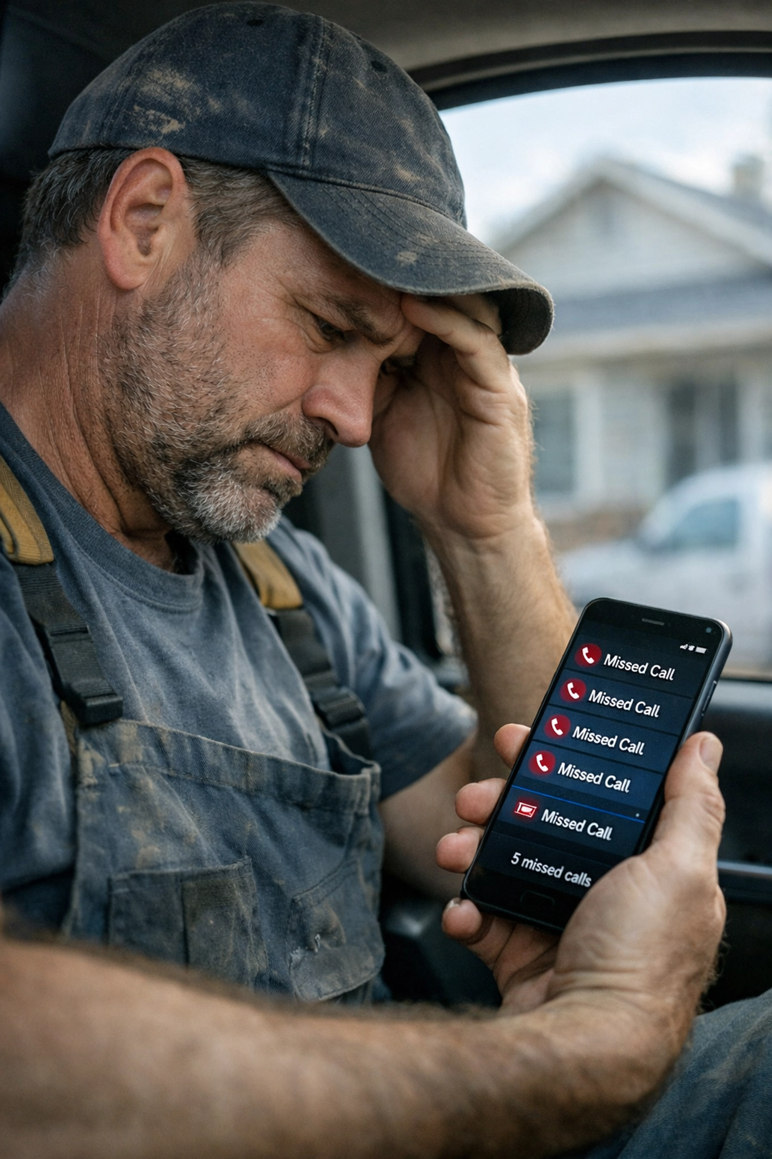 Contractor in work truck reviewing multiple missed calls on smartphone at job site