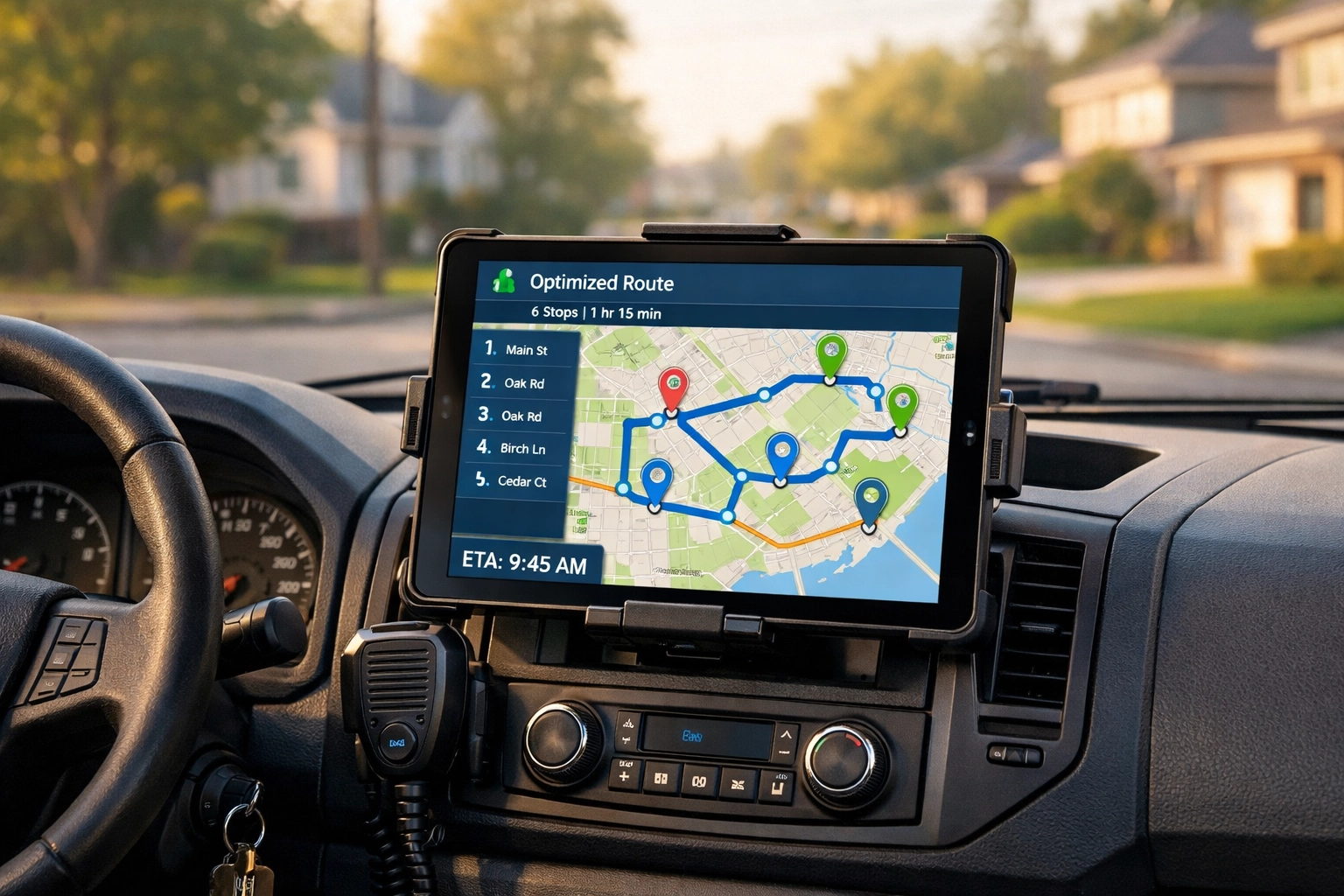 Automated route scheduling tablet displaying optimized service routes in contractor truck
